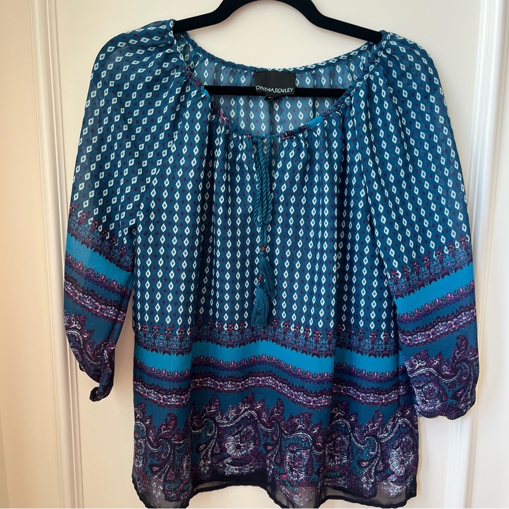 Cynthia Rowley Y2K Boho Flowy Blue 3/4 Sleeve Tie Front Blouse Size Small